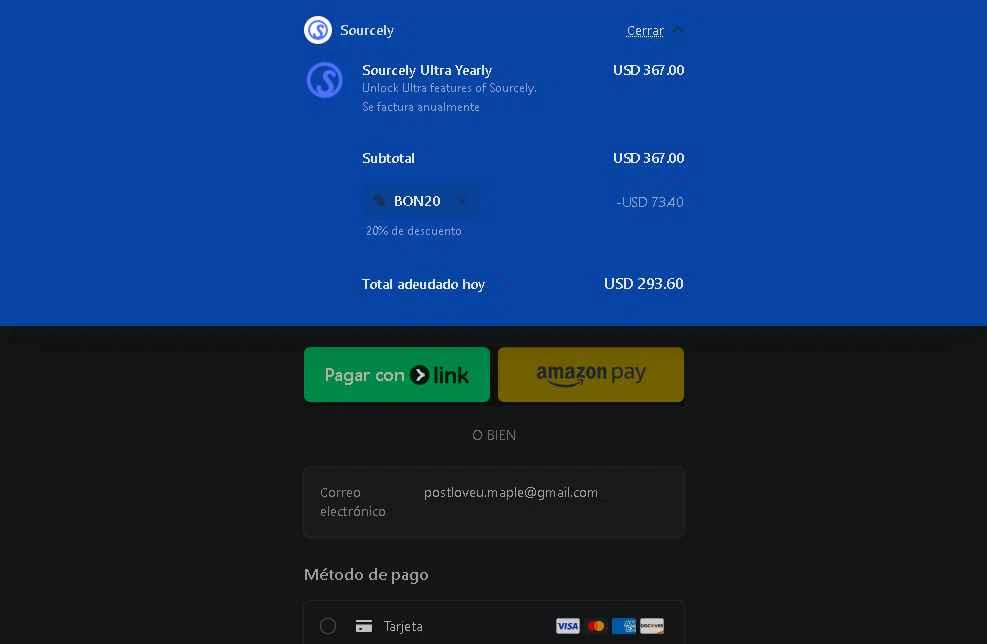 Sourcely checkout page showing Sourcely promo code box | Screenshot taken by SimplyCodes community member on Feb 6, 2026