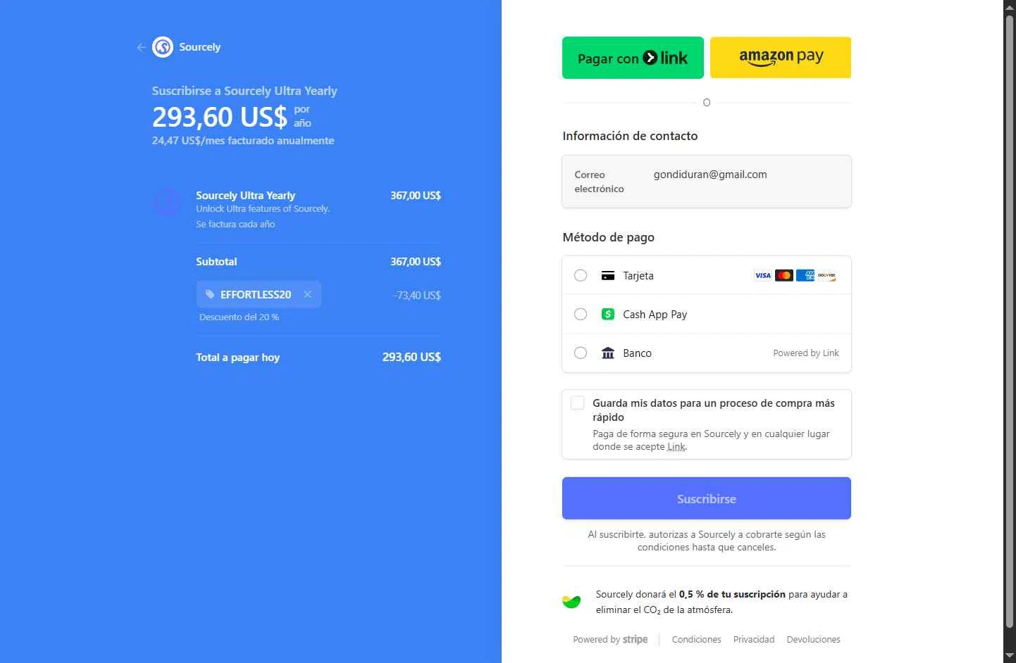 Sourcely checkout page showing Sourcely promo code box | Screenshot taken by SimplyCodes community member on Jan 17, 2026