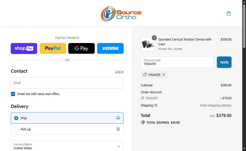 SourceOrtho checkout page showing SourceOrtho coupon code box | Screenshot taken by SimplyCodes community member on Jul 29, 2025