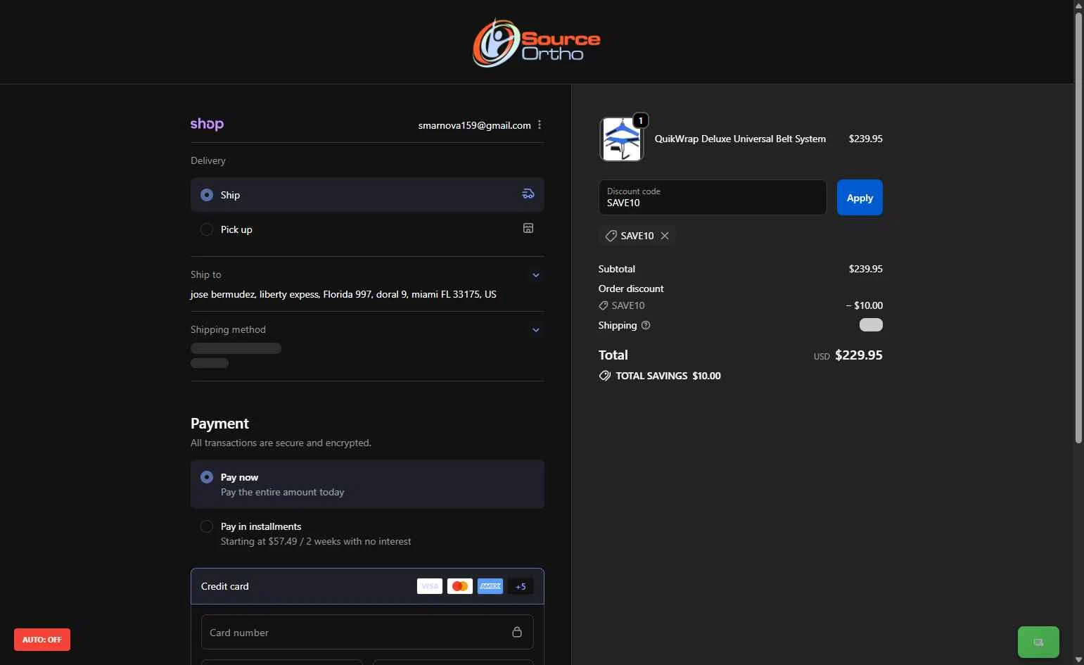 SourceOrtho checkout page showing SourceOrtho coupon code box | Screenshot taken by SimplyCodes community member on Nov 10, 2025