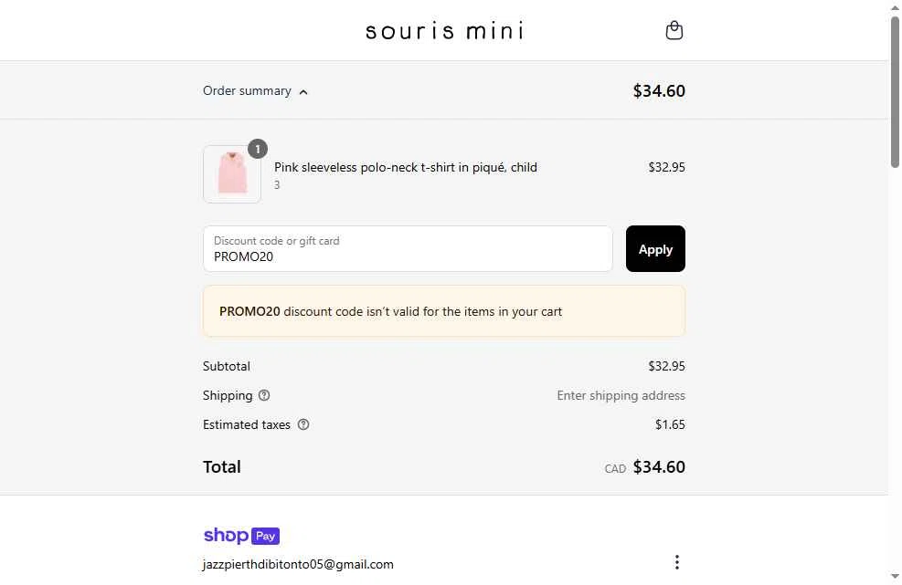 Souris Mini checkout page showing Souris Mini promo code box | Screenshot taken by SimplyCodes community member on May 19, 2025