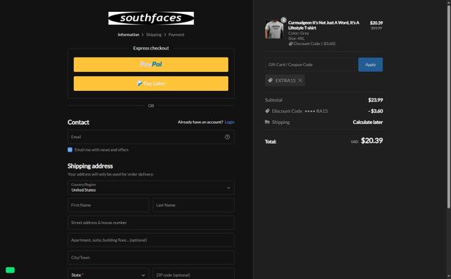 Southfaces checkout page showing Southfaces coupon code box | Screenshot taken by SimplyCodes community member on Aug 12, 2025