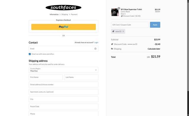 Southfaces checkout page showing Southfaces coupon code box | Screenshot taken by SimplyCodes community member on May 9, 2025