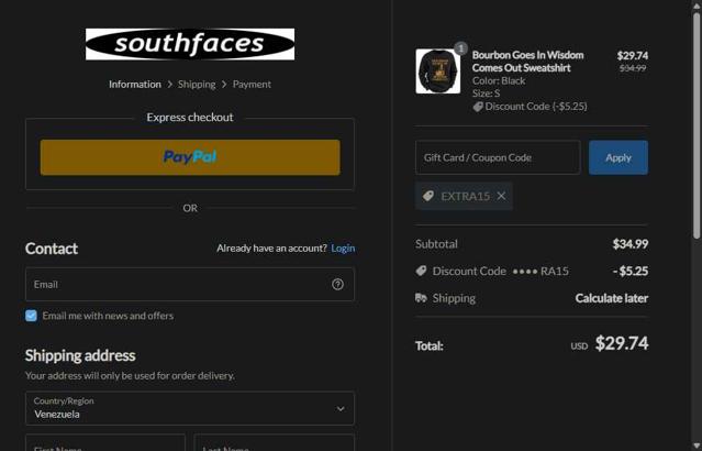 Southfaces checkout page showing Southfaces coupon code box | Screenshot taken by SimplyCodes community member on Sep 10, 2025