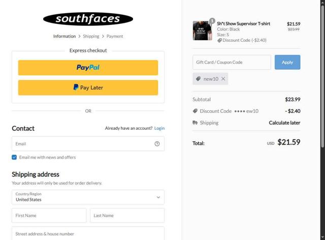 Southfaces checkout page showing Southfaces coupon code box | Screenshot taken by SimplyCodes community member on May 9, 2025