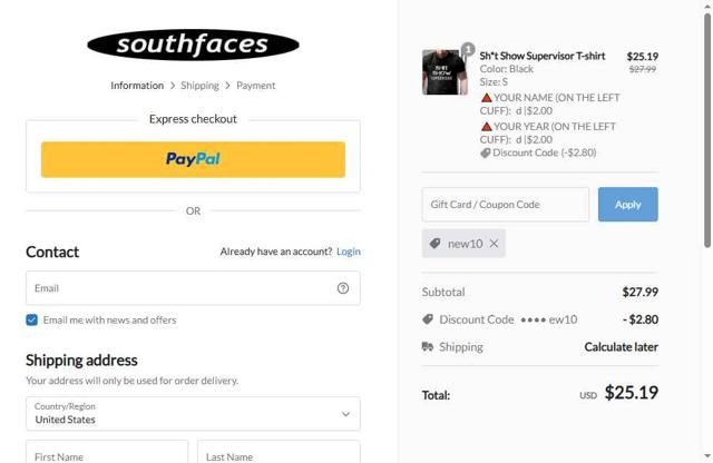 Southfaces checkout page showing Southfaces coupon code box | Screenshot taken by SimplyCodes community member on May 9, 2025
