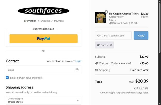 Southfaces checkout page showing Southfaces coupon code box | Screenshot taken by SimplyCodes community member on Jul 23, 2025