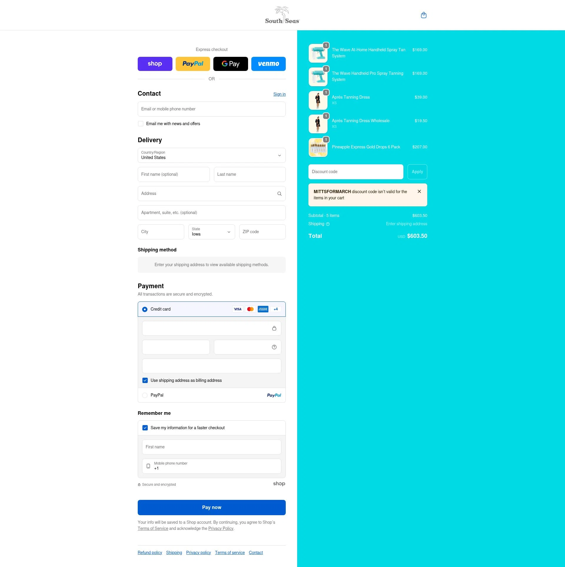 South Seas Skincare checkout page showing South Seas Skincare coupon code box | Screenshot taken by SimplyCodes community member on Jan 27, 2026