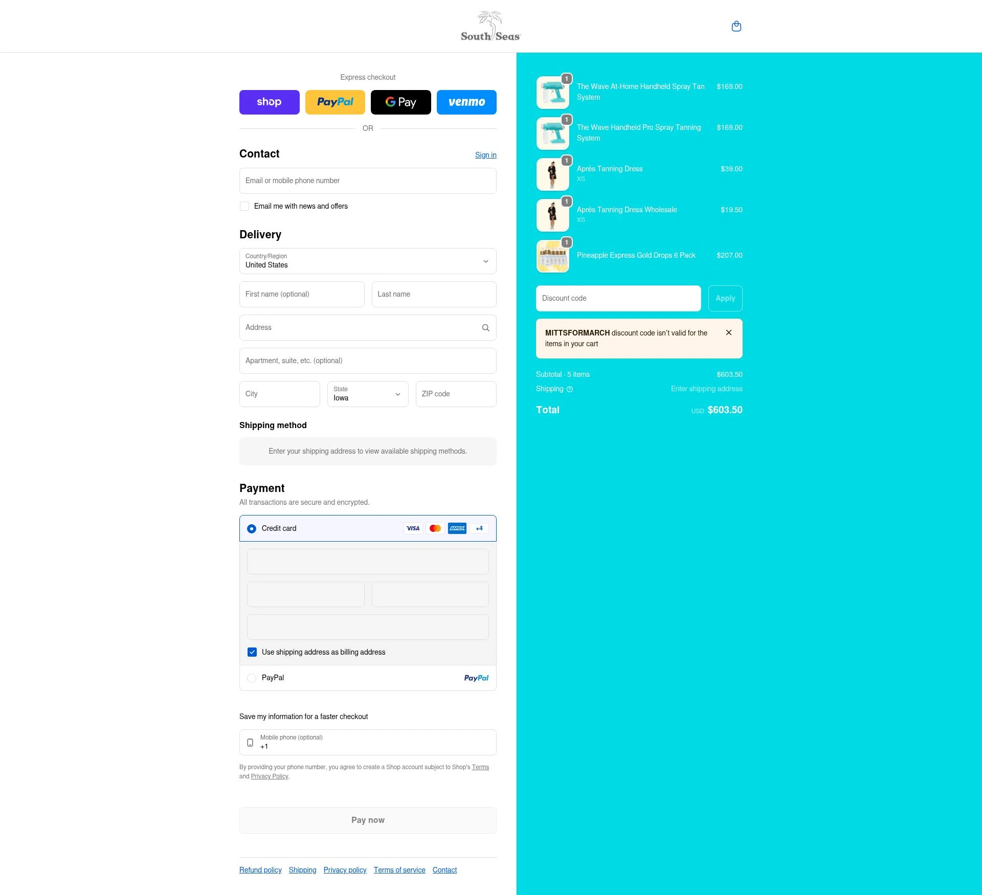 South Seas Skincare checkout page showing South Seas Skincare coupon code box | Screenshot taken by SimplyCodes community member on Feb 14, 2026
