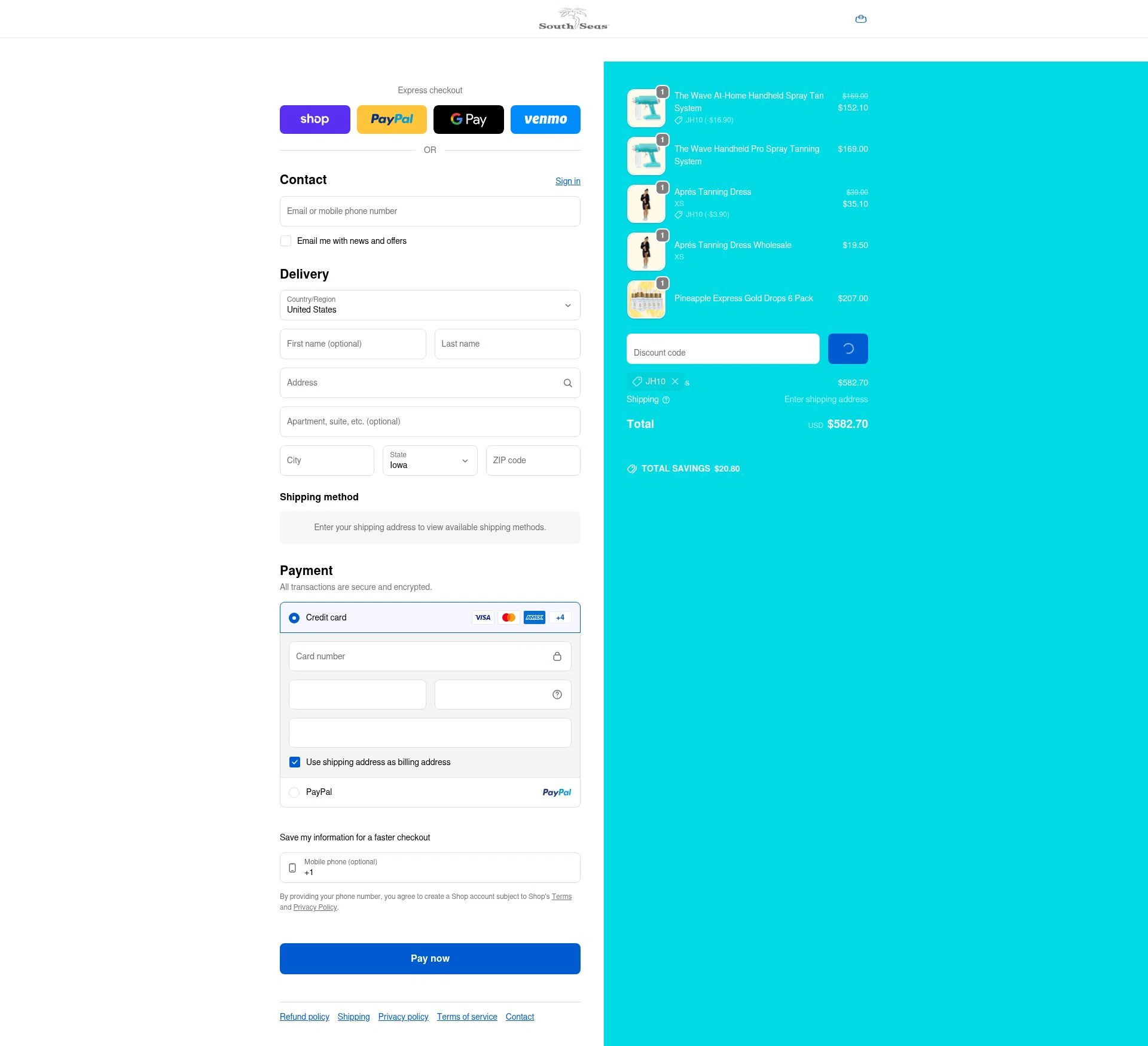 South Seas Skincare checkout page showing South Seas Skincare coupon code box | Screenshot taken by SimplyCodes community member on Feb 1, 2026