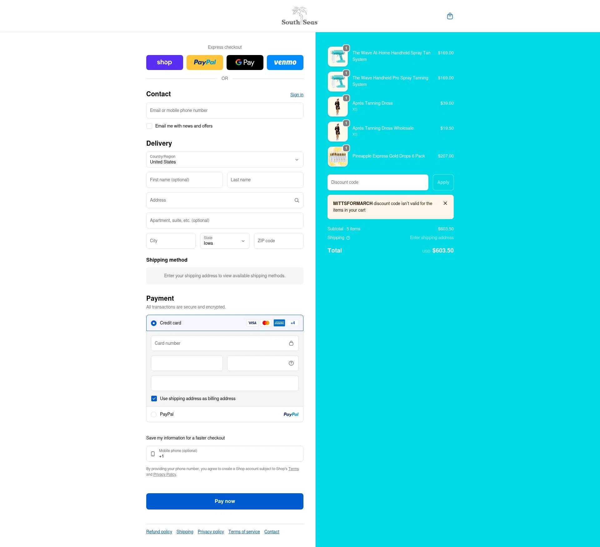 South Seas Skincare checkout page showing South Seas Skincare coupon code box | Screenshot taken by SimplyCodes community member on Feb 1, 2026