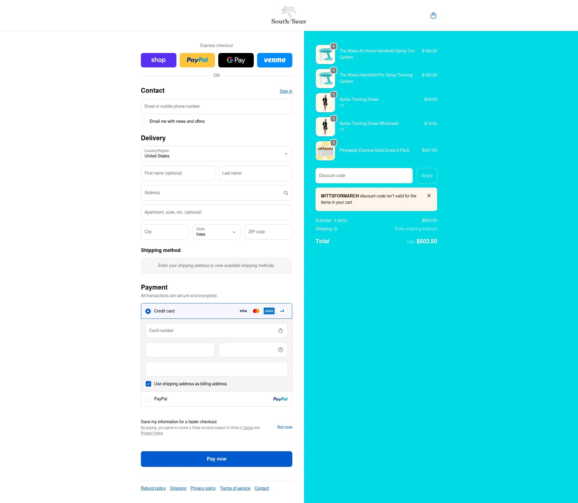 South Seas Skincare checkout page showing South Seas Skincare coupon code box | Screenshot taken by SimplyCodes community member on Feb 18, 2026