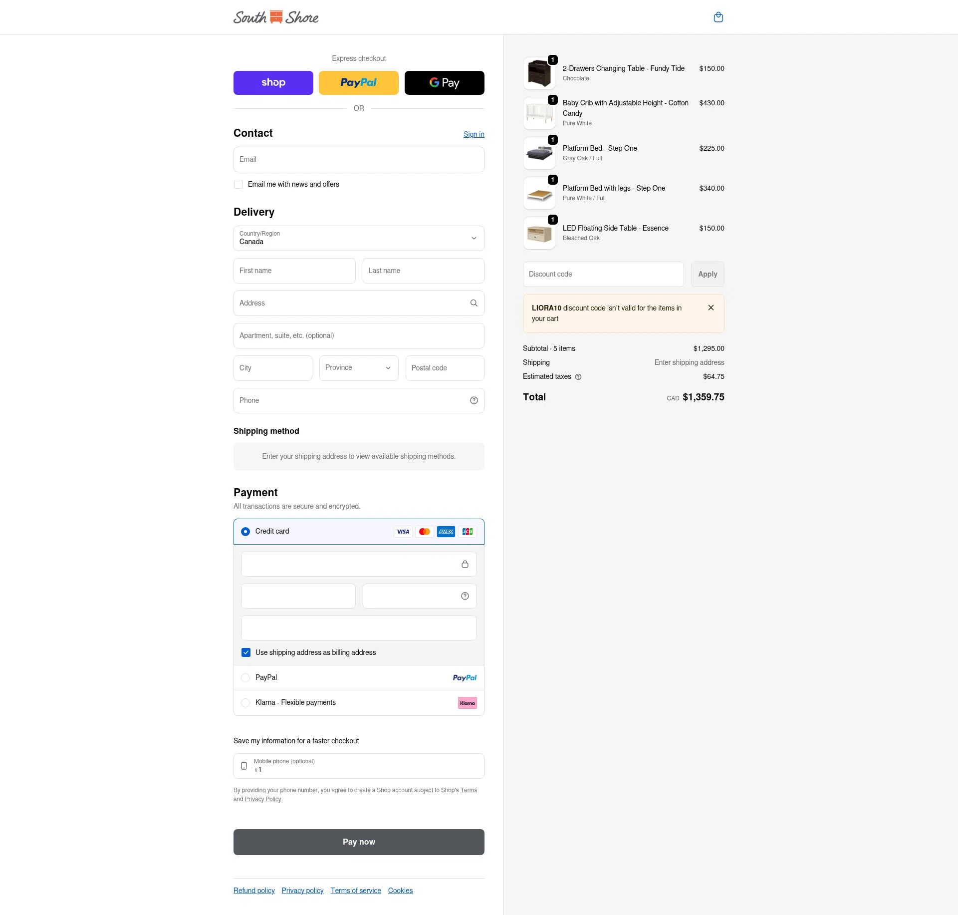 South Shore Furniture checkout page showing South Shore Furniture promo code box | Screenshot taken by SimplyCodes community member on Jan 31, 2026
