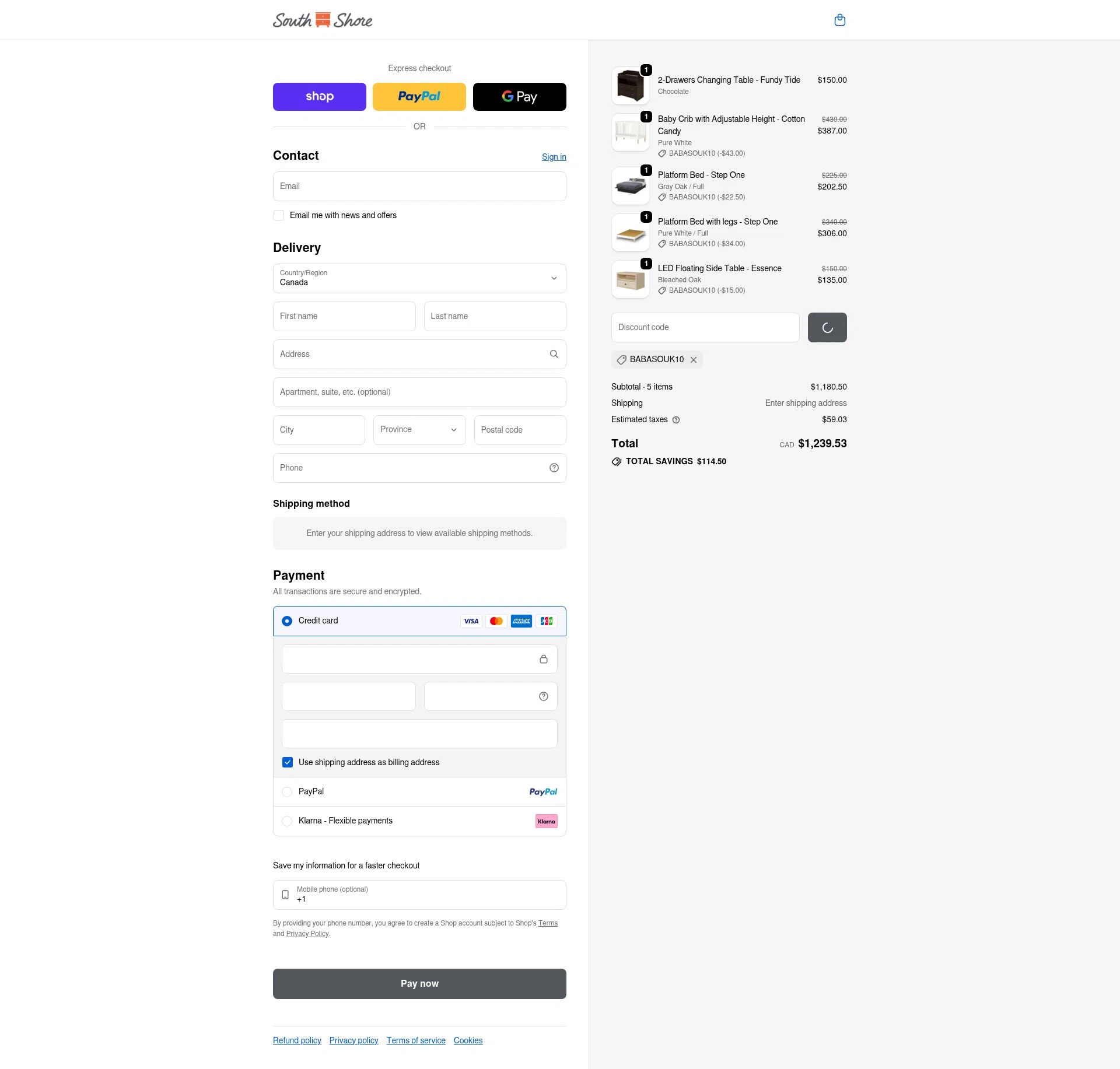 South Shore Furniture checkout page showing South Shore Furniture promo code box | Screenshot taken by SimplyCodes community member on Feb 4, 2026