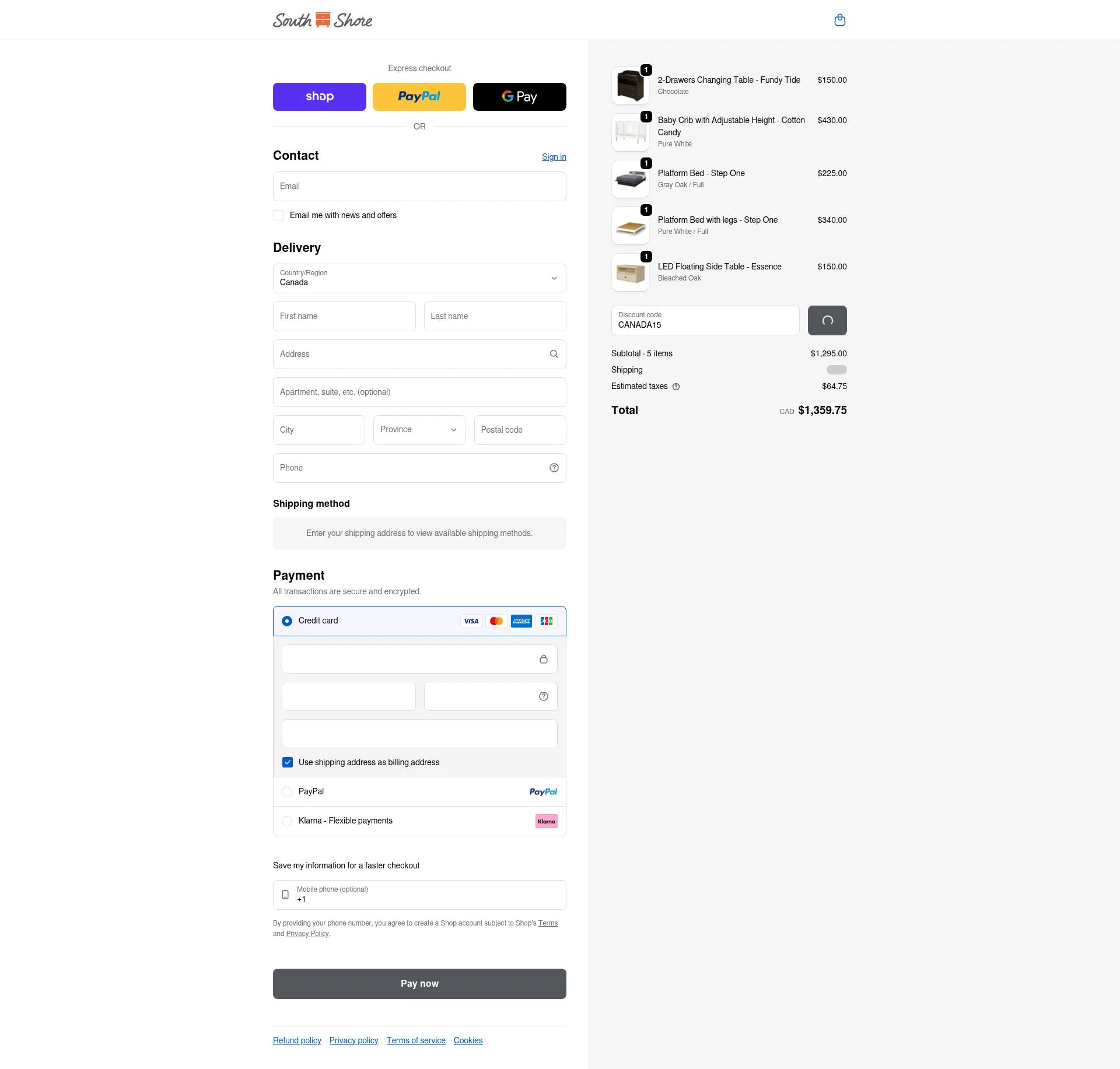 South Shore Furniture checkout page showing South Shore Furniture promo code box | Screenshot taken by SimplyCodes community member on Feb 4, 2026