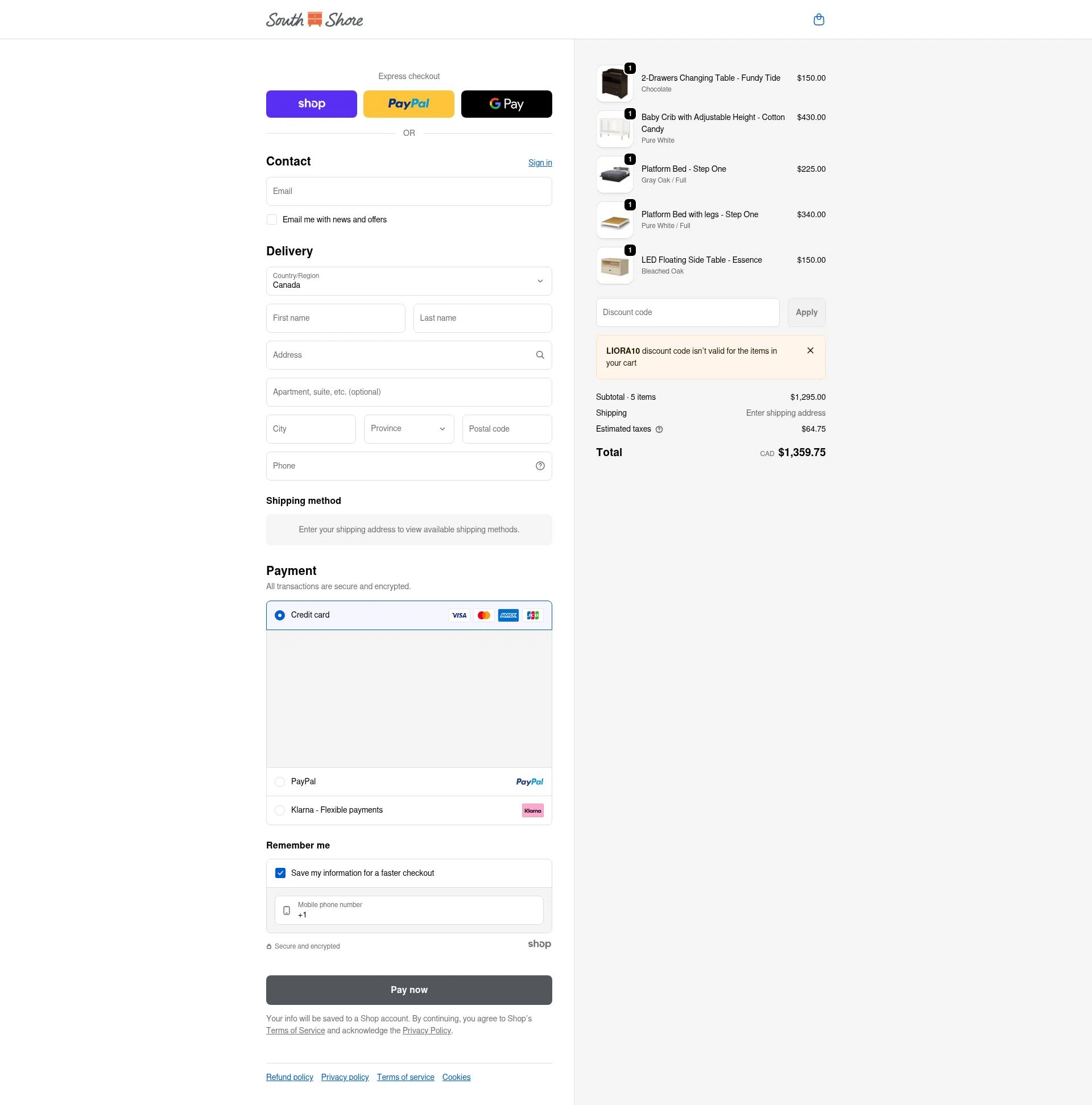 South Shore Furniture checkout page showing South Shore Furniture promo code box | Screenshot taken by SimplyCodes community member on Jan 26, 2026