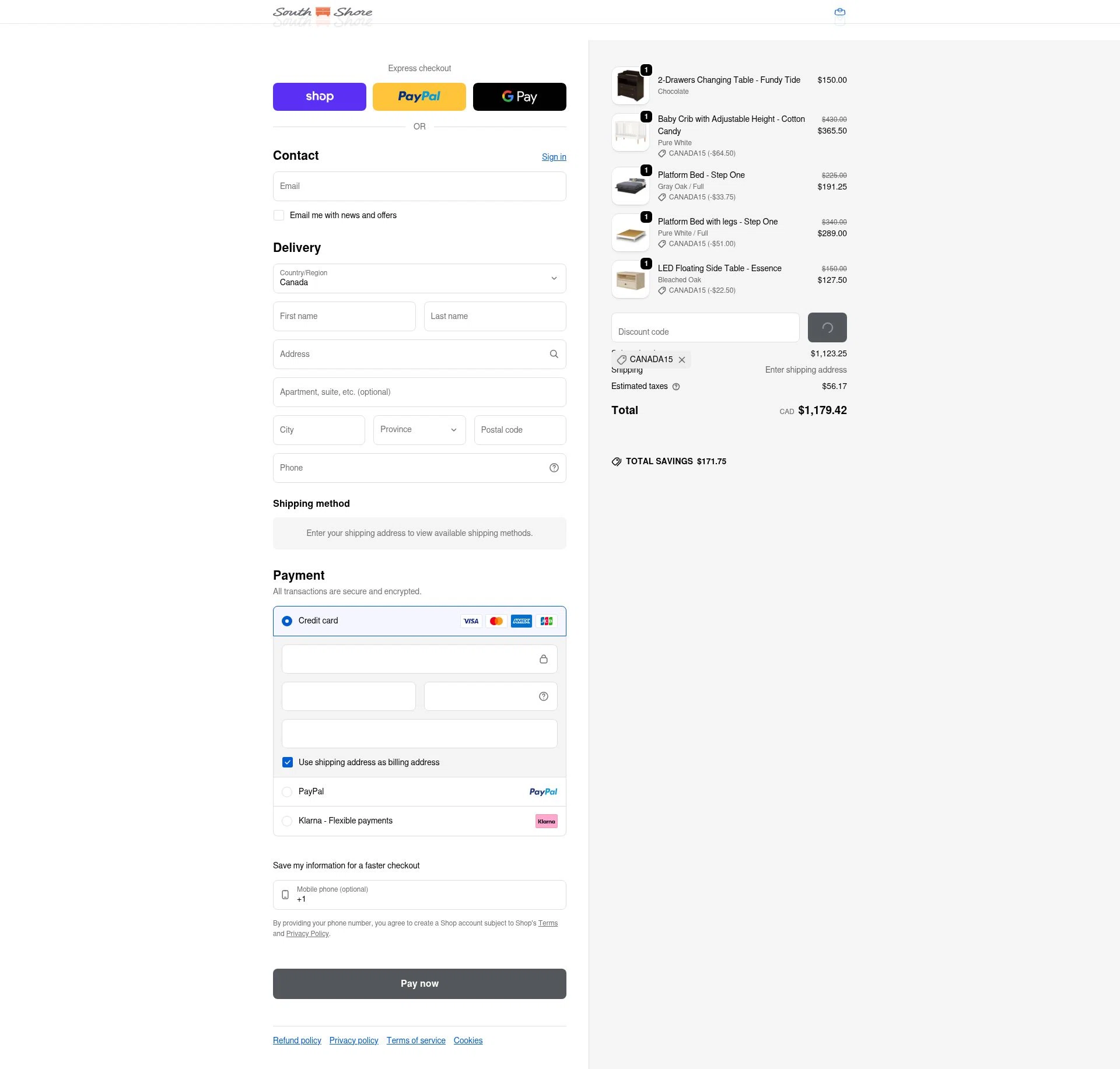 South Shore Furniture checkout page showing South Shore Furniture promo code box | Screenshot taken by SimplyCodes community member on Jan 31, 2026