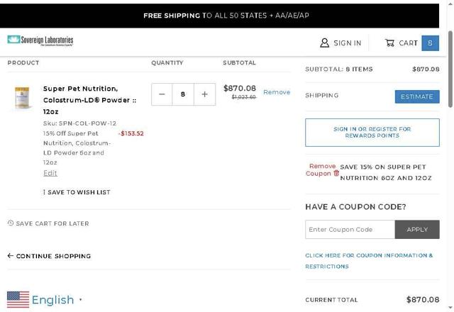 Sovereign Laboratories checkout page showing Sovereign Laboratories coupon code box | Screenshot taken by SimplyCodes community member on Jul 23, 2025