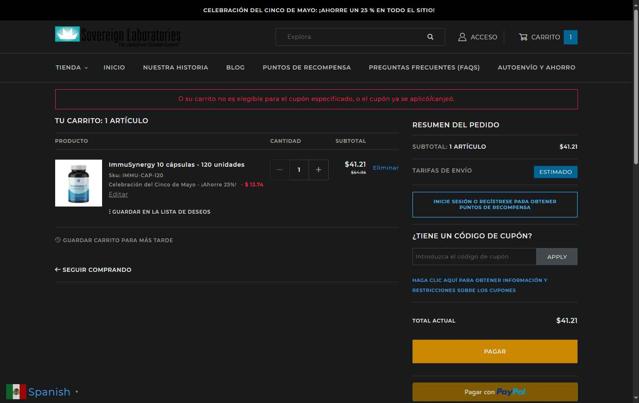 Sovereign Laboratories checkout page showing Sovereign Laboratories coupon code box | Screenshot taken by SimplyCodes community member on May 6, 2025