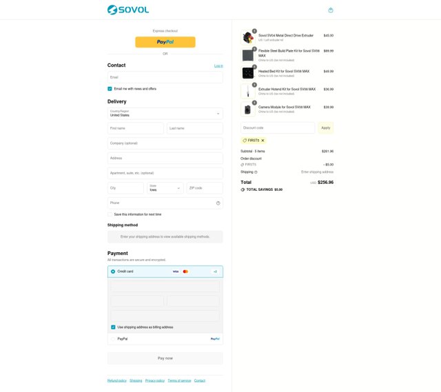 Sovol checkout page showing Sovol discount code box | Screenshot taken by SimplyCodes community member on Aug 24, 2025
