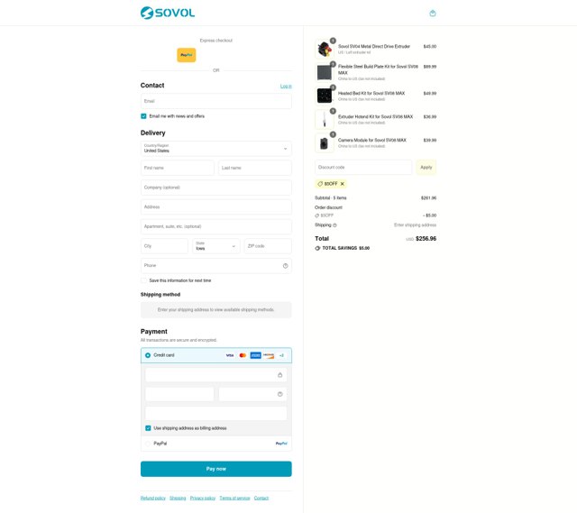 Sovol checkout page showing Sovol discount code box | Screenshot taken by SimplyCodes community member on Aug 28, 2025