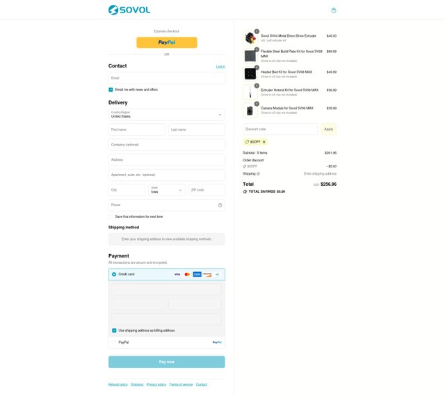 Sovol checkout page showing Sovol discount code box | Screenshot taken by SimplyCodes community member on Aug 24, 2025
