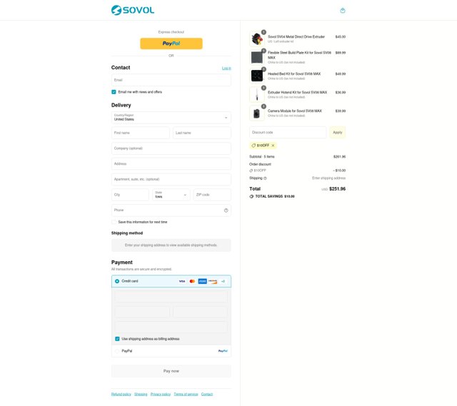 Sovol checkout page showing Sovol discount code box | Screenshot taken by SimplyCodes community member on Aug 24, 2025
