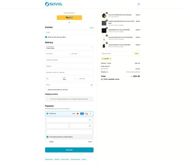 Sovol checkout page showing Sovol discount code box | Screenshot taken by SimplyCodes community member on Sep 2, 2025