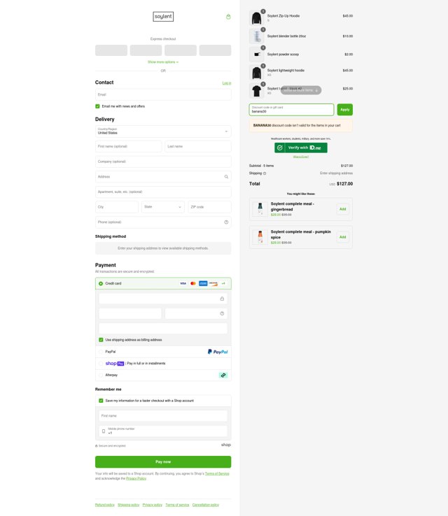 Soylent checkout page showing Soylent discount code box | Screenshot taken by SimplyCodes community member on Mar 8, 2025
