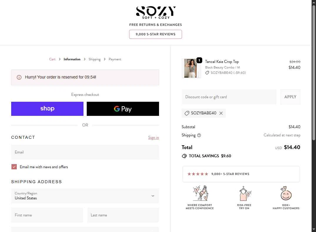 Sozy checkout page showing Sozy discount code box | Screenshot taken by SimplyCodes community member on Jan 31, 2026