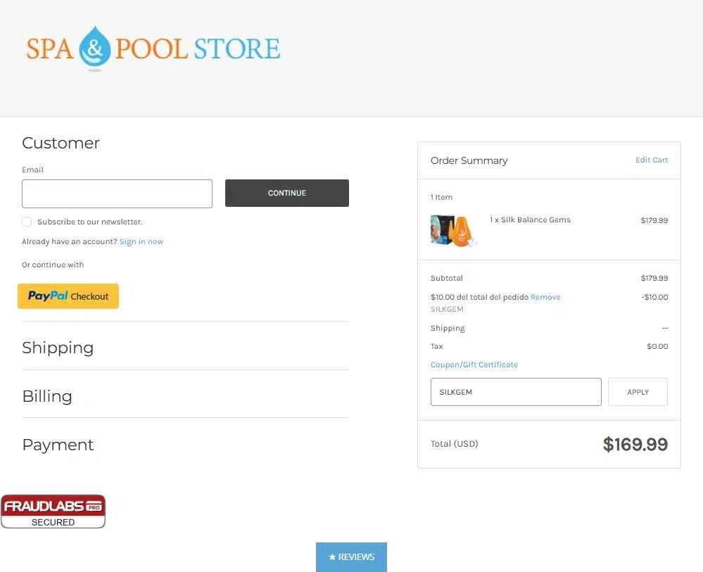 Spa and Pool checkout page showing Spa and Pool promo code box | Screenshot taken by SimplyCodes community member on Nov 10, 2025