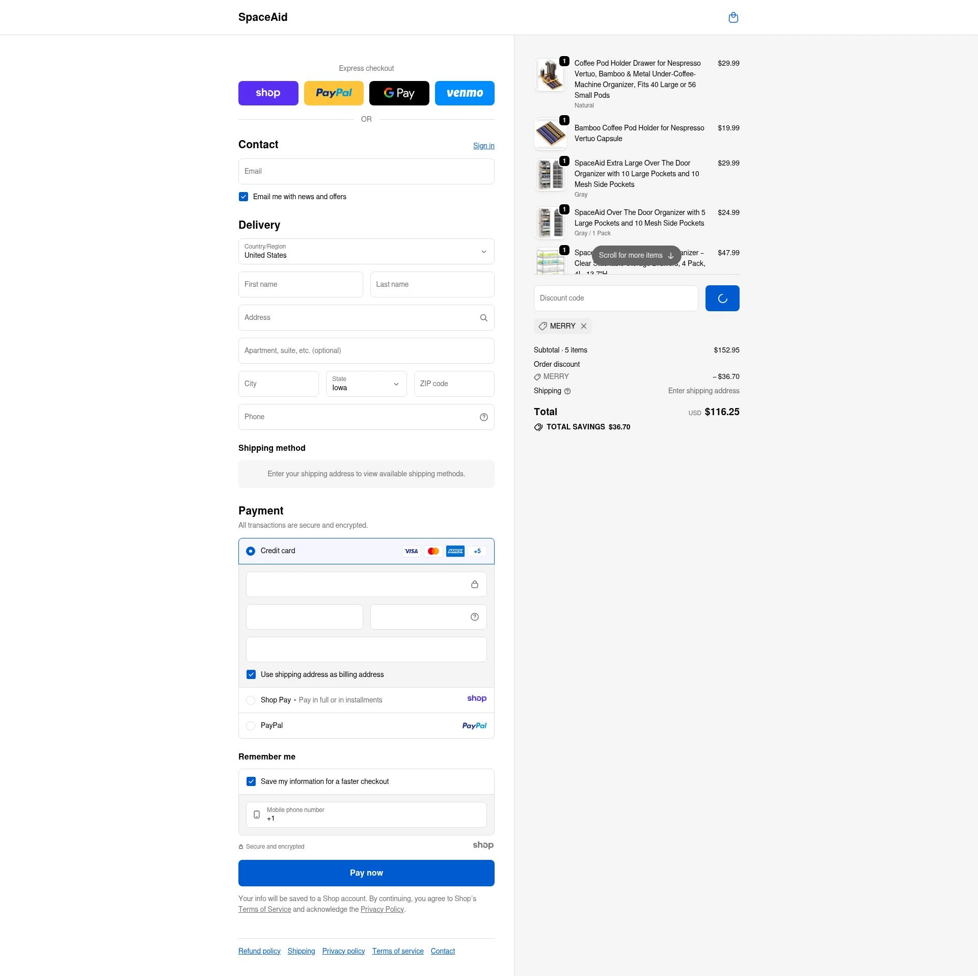 SpaceAid checkout page showing SpaceAid promo code box | Screenshot taken by SimplyCodes community member on Jan 2, 2026