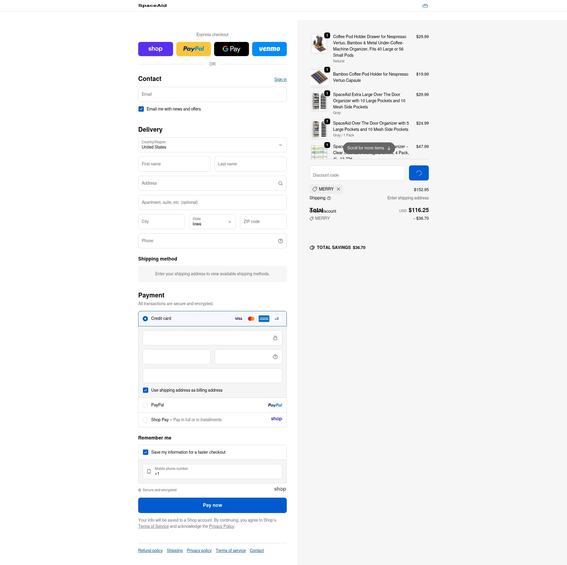 SpaceAid checkout page showing SpaceAid promo code box | Screenshot taken by SimplyCodes community member on Dec 16, 2025