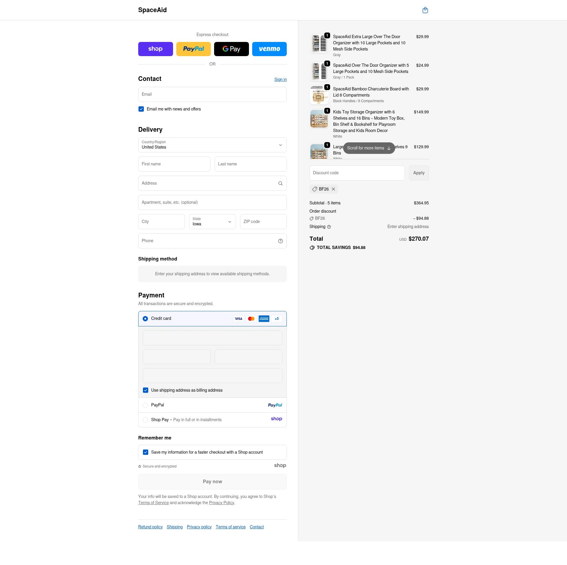 SpaceAid checkout page showing SpaceAid promo code box | Screenshot taken by SimplyCodes community member on Nov 24, 2025