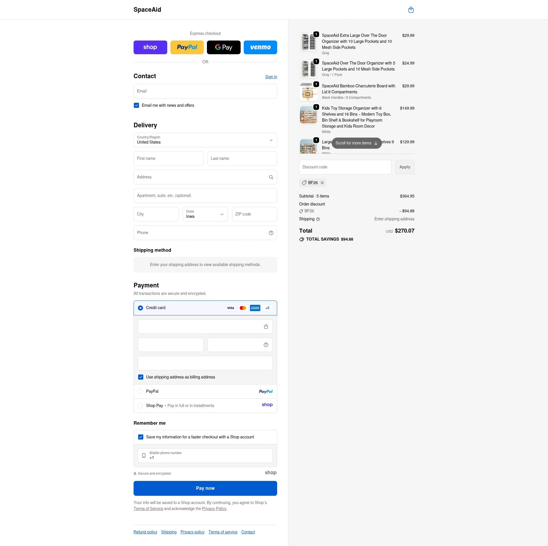 SpaceAid checkout page showing SpaceAid promo code box | Screenshot taken by SimplyCodes community member on Nov 29, 2025