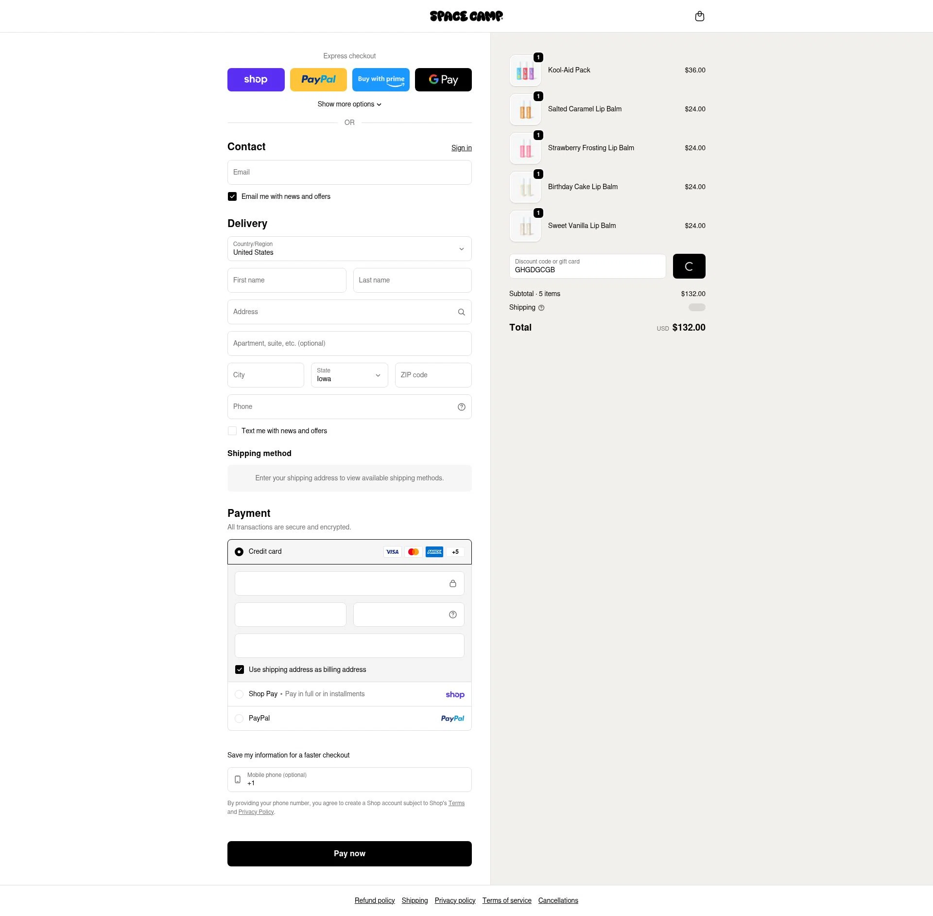 Space Camp Wellness checkout page showing Space Camp Wellness discount code box | Screenshot taken by SimplyCodes community member on Feb 4, 2026