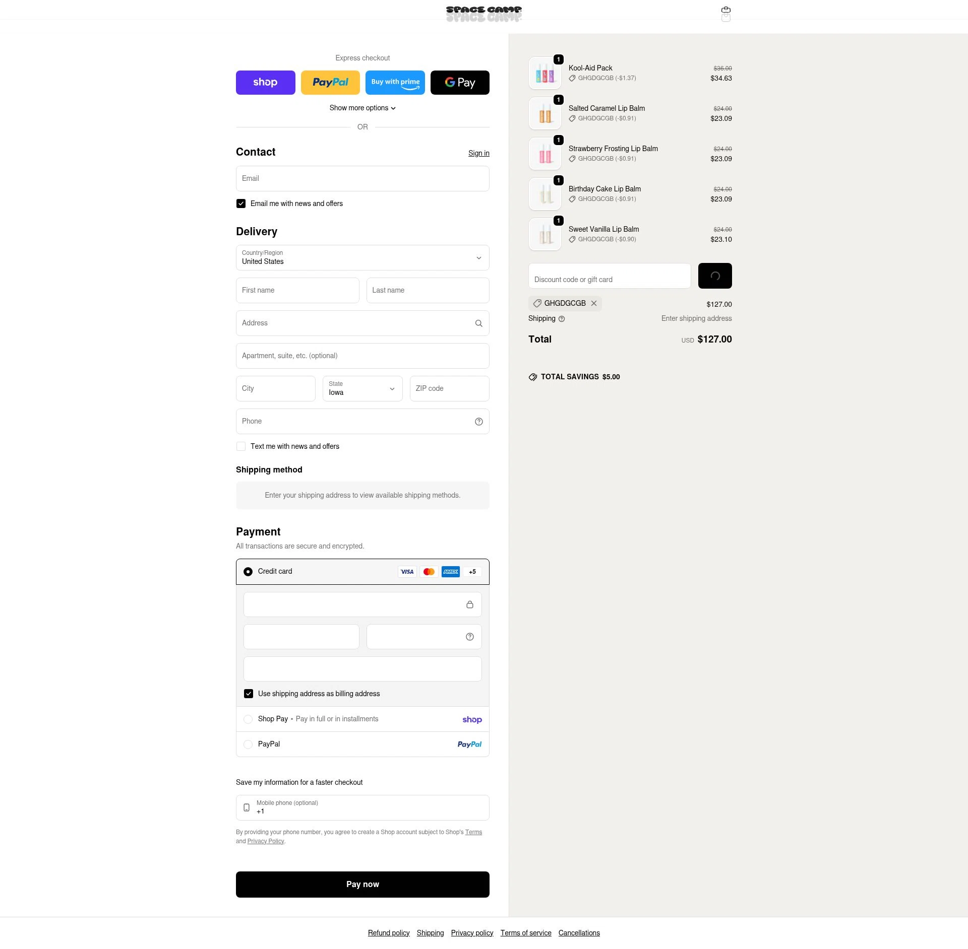 Space Camp Wellness checkout page showing Space Camp Wellness discount code box | Screenshot taken by SimplyCodes community member on Jan 30, 2026