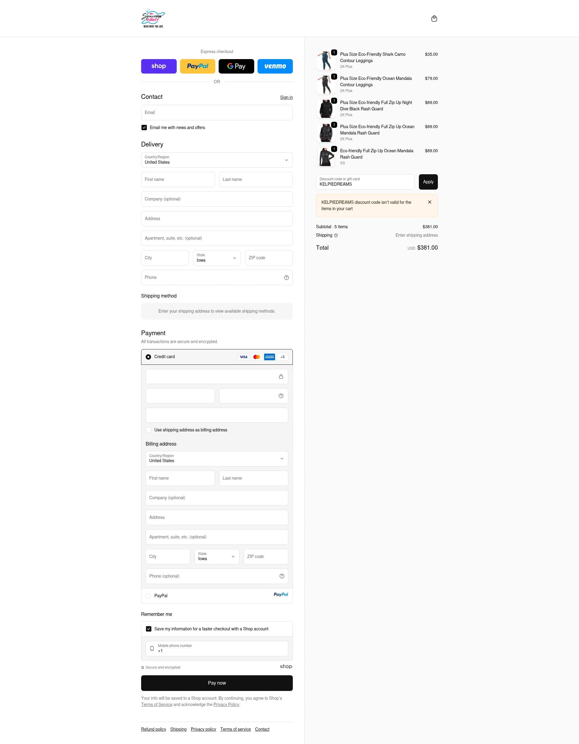 Spacefish Army checkout page showing Spacefish Army discount code box | Screenshot taken by SimplyCodes community member on Oct 27, 2025