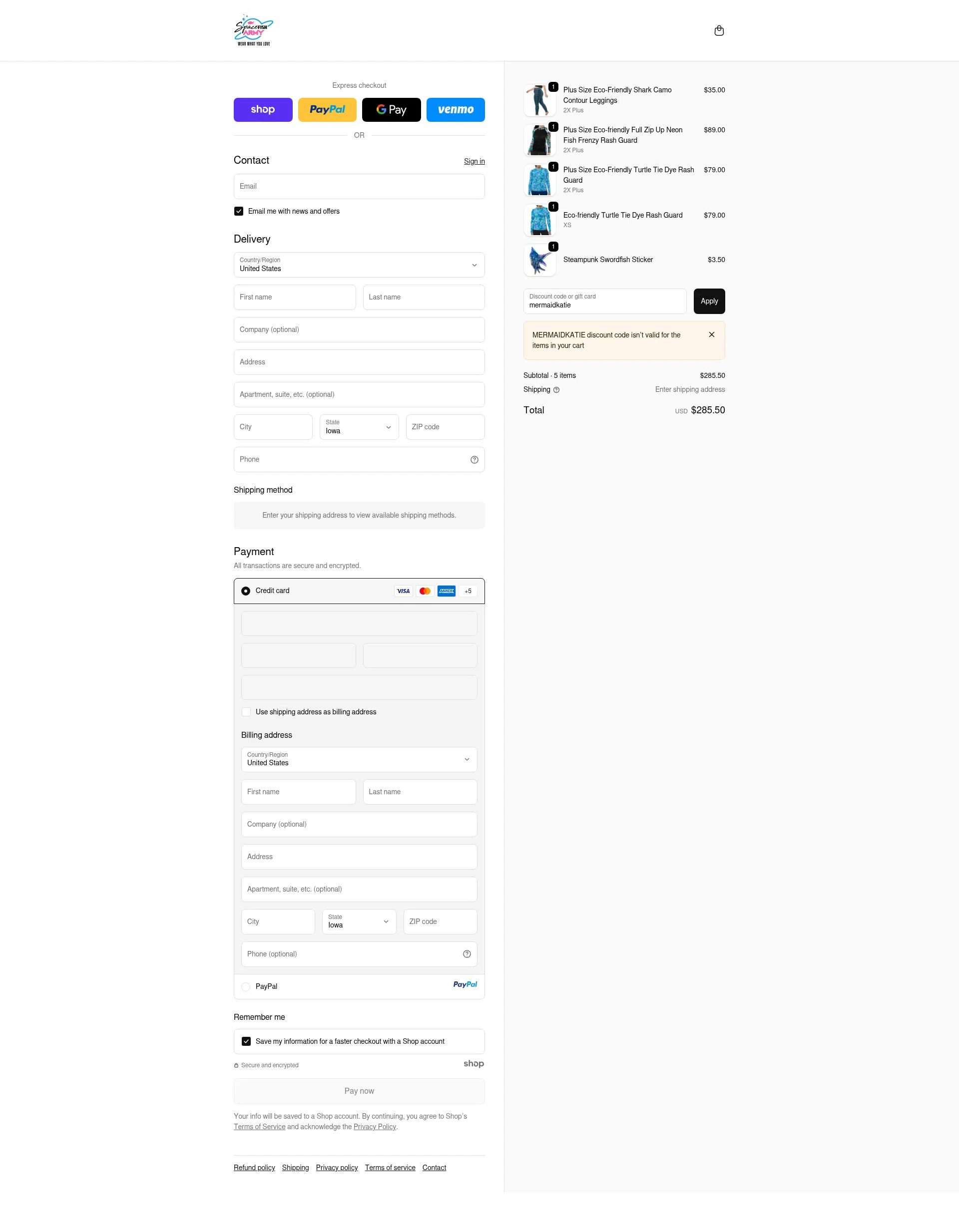 Spacefish Army checkout page showing Spacefish Army discount code box | Screenshot taken by SimplyCodes community member on Oct 23, 2025