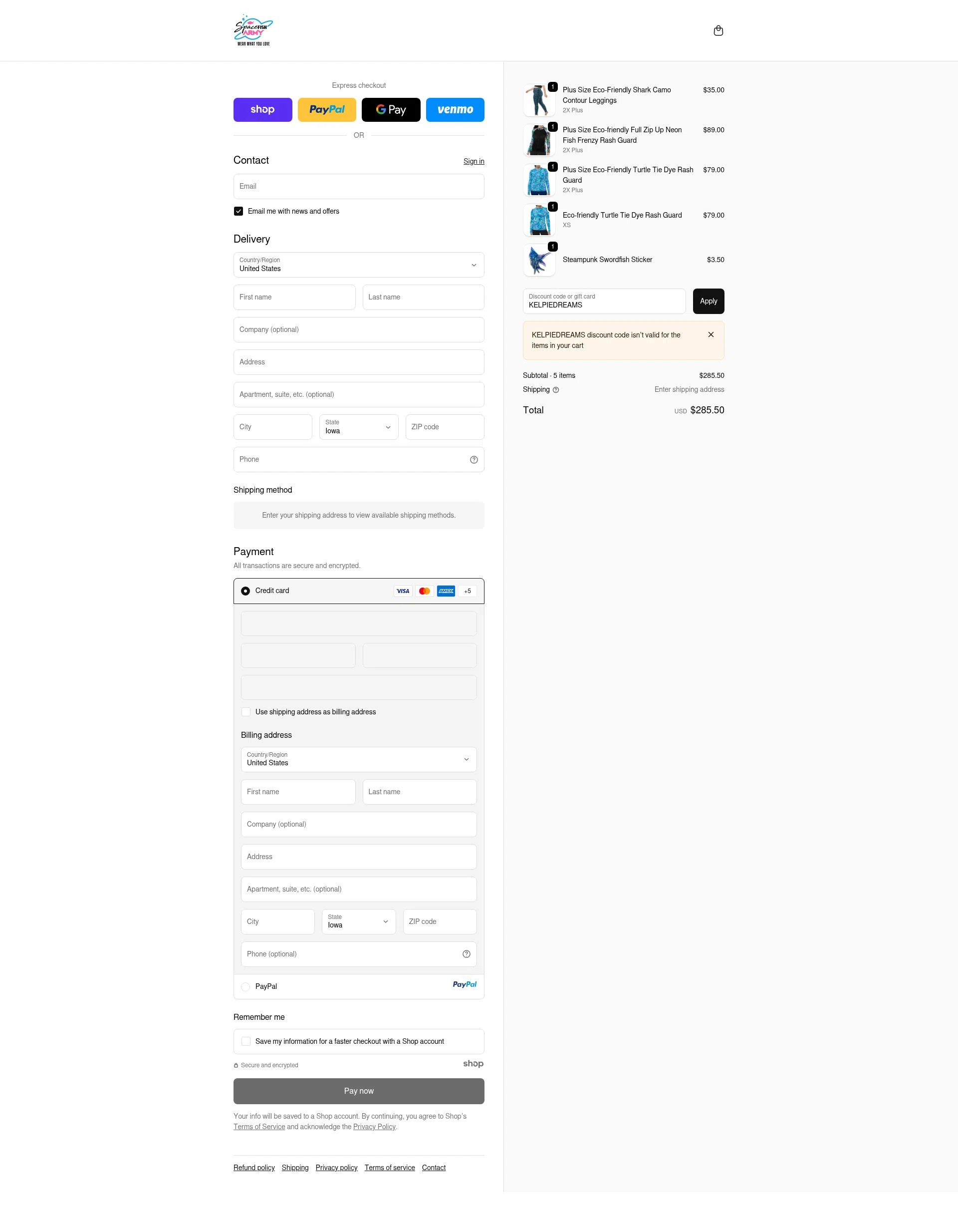 Spacefish Army checkout page showing Spacefish Army discount code box | Screenshot taken by SimplyCodes community member on Oct 23, 2025