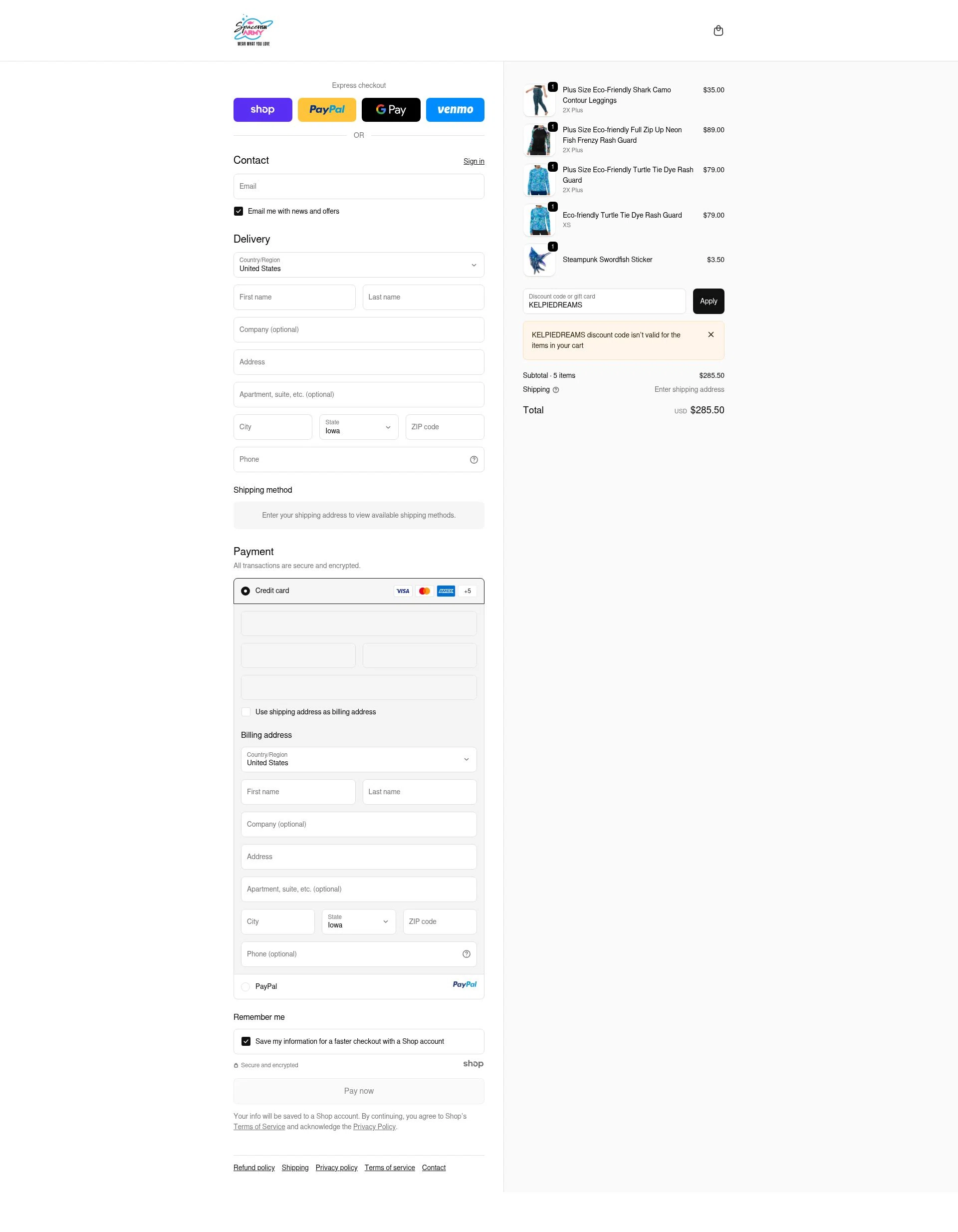 Spacefish Army checkout page showing Spacefish Army discount code box | Screenshot taken by SimplyCodes community member on Oct 14, 2025
