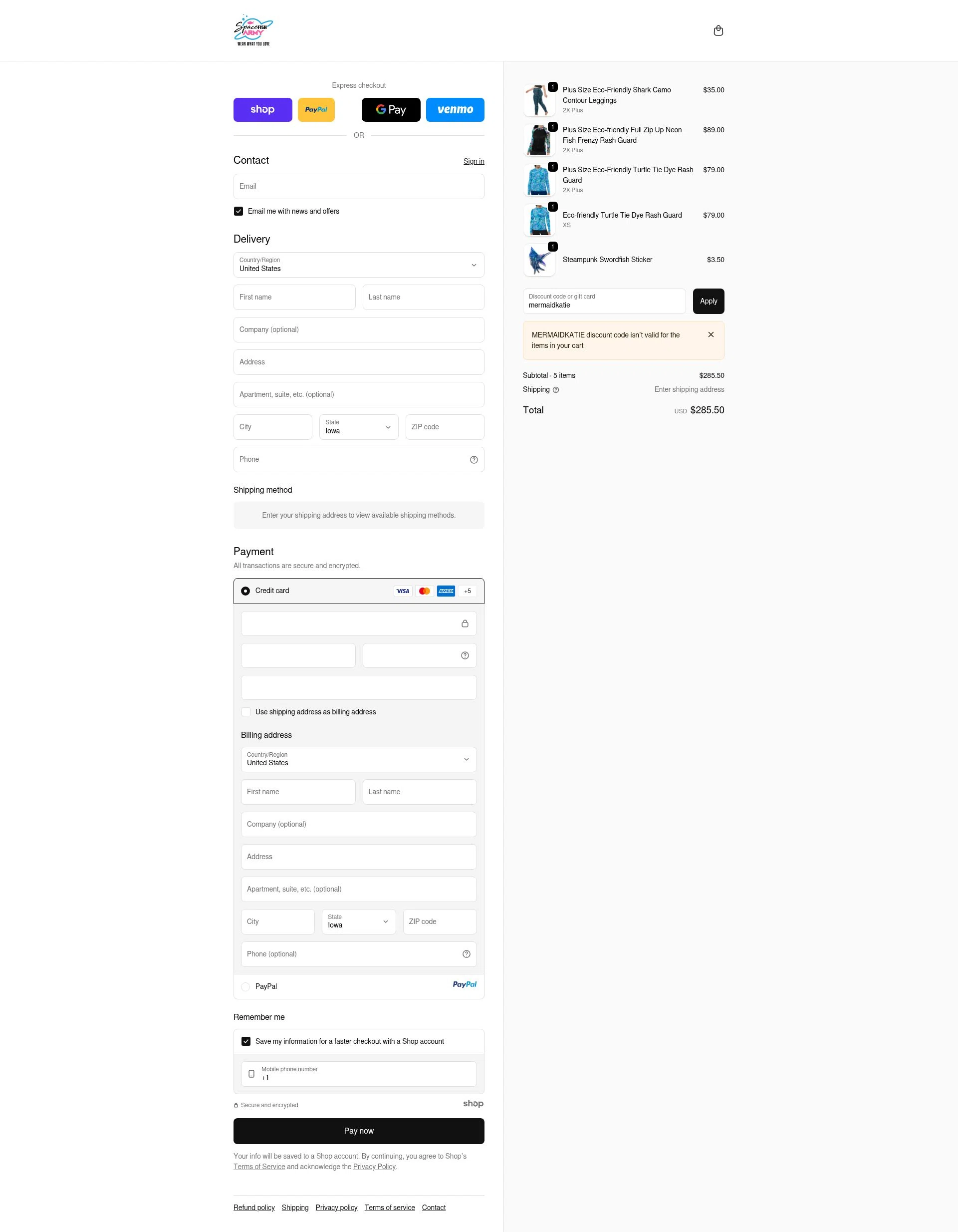 Spacefish Army checkout page showing Spacefish Army discount code box | Screenshot taken by SimplyCodes community member on Oct 10, 2025