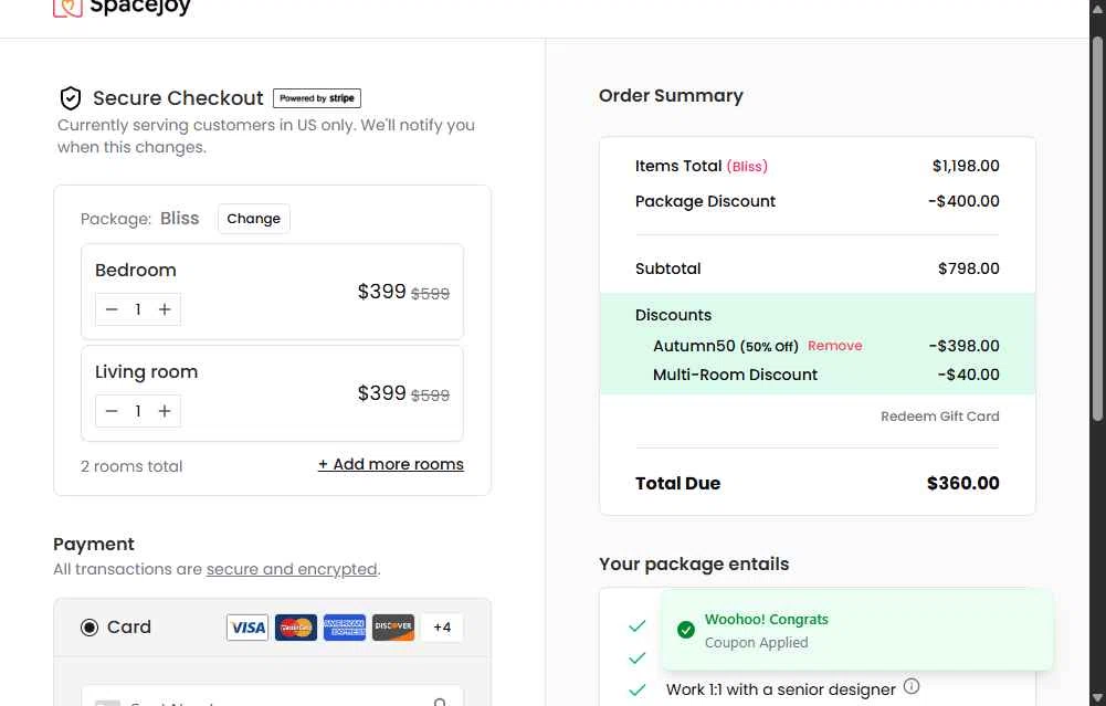 Spacejoy checkout page showing Spacejoy promo code box | Screenshot taken by SimplyCodes community member on Oct 31, 2025