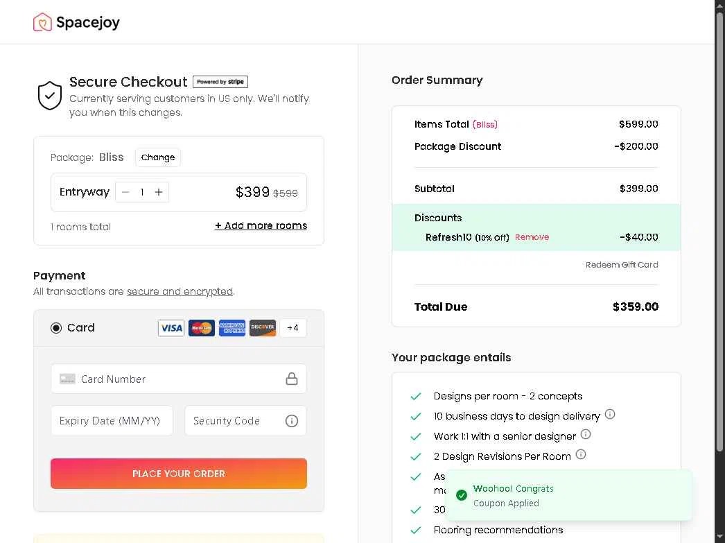 Spacejoy checkout page showing Spacejoy promo code box | Screenshot taken by SimplyCodes community member on Nov 4, 2025