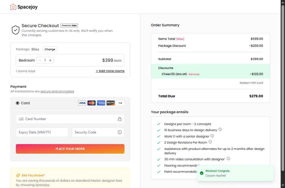 Spacejoy checkout page showing Spacejoy promo code box | Screenshot taken by SimplyCodes community member on Dec 20, 2025