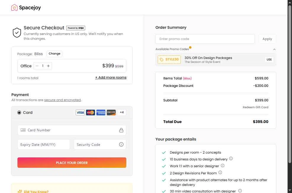 Spacejoy checkout page showing Spacejoy promo code box | Screenshot taken by SimplyCodes community member on Dec 5, 2025