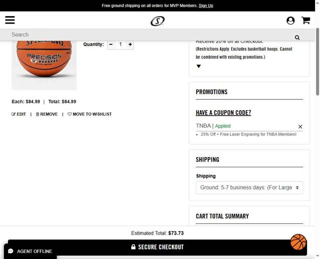 Spalding checkout page showing Spalding promo code box | Screenshot taken by SimplyCodes community member on Aug 28, 2025