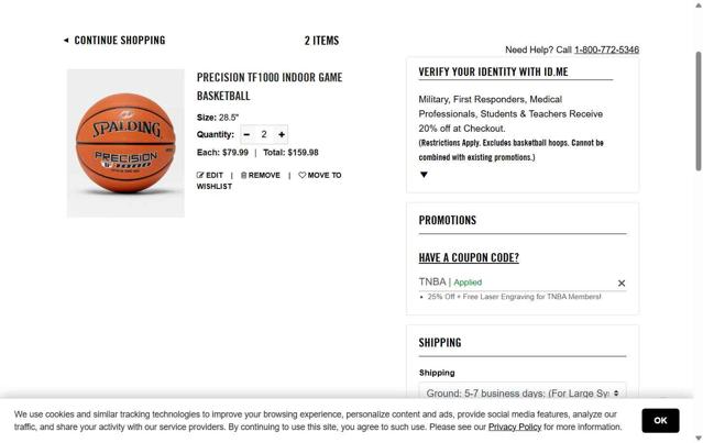 Spalding checkout page showing Spalding promo code box | Screenshot taken by SimplyCodes community member on May 31, 2025