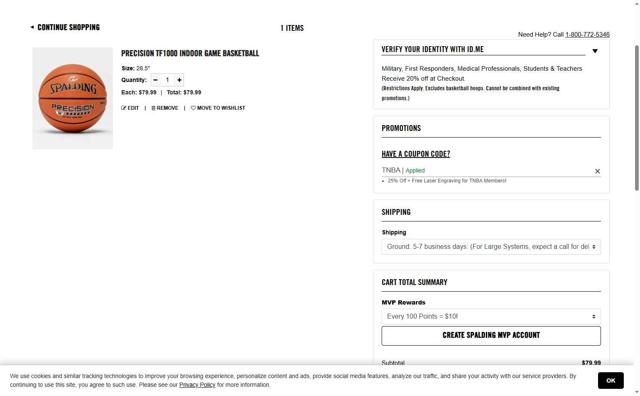 Spalding checkout page showing Spalding promo code box | Screenshot taken by SimplyCodes community member on Jul 14, 2025