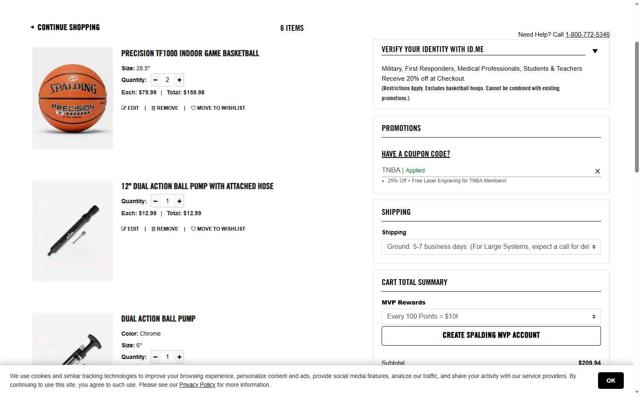 Spalding checkout page showing Spalding promo code box | Screenshot taken by SimplyCodes community member on Jul 8, 2025